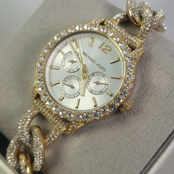 New Michael Kors Layton Gold Extreme Glitz Crystal Chain Bracelet Watch MK4653 - Picture 1 of 4
